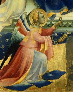 Diz Çökmüş Melek, Lorenzo Monaco'nun (yaklaşık 1370-1425) Bakire Taç Giyme Töreni'nin orta panelinden detay, panelde tempera ve altın rengi, 506x447, 5 cm by Lorenzo Monaco