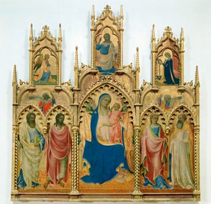 Madonna ve bebek İsa, azizler; üstte: Müjde (ahşap üzerine tempera)