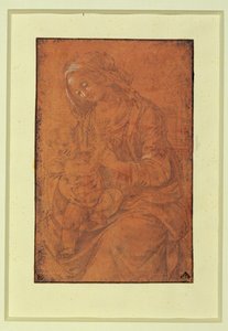 Madonna. Gümüş uç, somon pembesi kağıt üzerine beyaz renkle vurgulanmış ... by Lorenzo di Credi