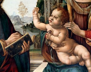 Bakire çocuk ve iki aziz, Aziz Matta ve Aziz Jerome (Bakire çocuk ve iki aziz, Aziz Matta ve Aziz Jerome ile) Detay Tablo Lorenzo di Credi (1459-1537) Floransa, kilise santo Spirito İtalya by Lorenzo di Credi