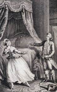 Yatak odasının yatağının önündeki çift - Restif de La Bretonne (1734-1806), hasta tarafından "" Les francaises ou, mevcut adetlerde kızları, kadınları, karıları, anneleri yönetmeye uygun 34 örnekte seçilmiştir. Binet, Neufchatel tarafından