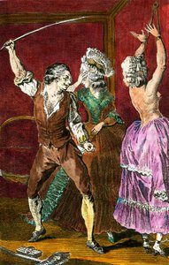 Erotizm: Sadomazoşist zevklere düşkün soyluların üyeleri, bir adam bir kadını kamçılıyor. Louis Binet