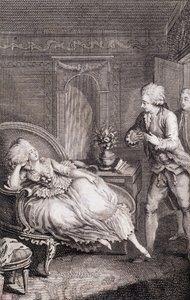 Gentilhomme, bir çobanın üzerinde çürüyen bir hanımefendiye aşkını ilan ediyor - Restif de La Bretonne (1734-1806), hasta tarafından “” Les francaises ou mevcut adetlerde kızları, eşleri, anneleri yönetmeye uygun 34 örnek seçilmiş. Binet, Neufchatel tarafı