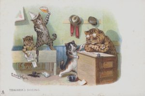 Sınıftaki kediler: öğretmen uyukluyor ve bu yüzden öğrenciler yaramazlık yapıyor (chromolitho) by Louis (after) Wain