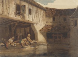Su üzerinde bir konut kompleksinin açık bir salonunda kadınları yıkamak by Louis Adolphe Hervier (signed by artist)