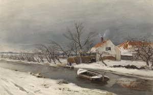 Winterlandschaft mit Häusern und einem Kanal (kanal üzerinde evlerin olduğu kış manzarası). 1874