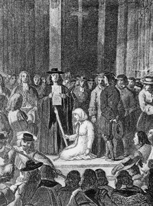 Affair of the Poisons, Marie-Madeleine d'Aubray, Marquise de Brinvilliers (1630-1676), Paris'teki Notre Dame Katedrali'nin zemininde diz çökmüş, gravür