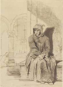 Keşiş oturmuş, tefekkür içinde, Mass arka planda kutlanırken by Louis Boulanger