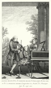 Leopold Mozart kızı Marianne ve oğlu Wolfgang ile müzik çalıyor (gravür) by Louis Carrogis (after) Carmontelle