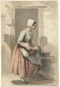 Bir evin girişinde bir sürahi ile kız by Louis Chantal