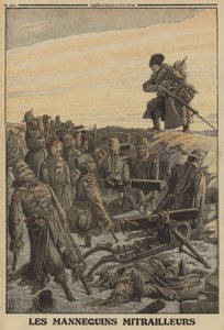 Rus askeri, sahte askerler tarafından yönetilen makineli tüfeklerle bir Alman siperi keşfediyor; birinci Dünya Savaşı by Louis Charles (after) Bombled