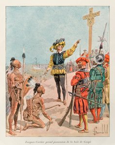 Bombled Louis (1862 - 1927); Jacques Cartier (1491 - 1557) took possession of the Bay of Gaspe in Canada on behalf of the King of France, Francois 1st in 1534 (Cartier points the coat of arms of France on the cross he had planted); Histoire de la Nouvelle 