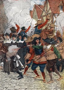 Fronde (1648-1653): 4/07/1652 tarihinde, Belediye Binası yakıldı ve Paris kuşatmasını sona erdirmek istedikleri için Kral XIV. işçi kılığına girmiş askerler tarafından - (Fronde r