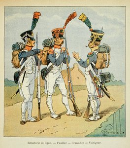 Kont Emmanuel de Las Cases (1766-1842) tarafından yazılan “Saint Helene Anıtı” kitabından Bombled Louis (1862-1927) çizimi: Armee Francaise: Line piyade: fusilier, grenadier ve voltiger, Özel koleksiyon by Louis Charles Bombled