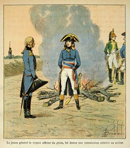 Kont Emmanuel de Las Cases (1766-1842) tarafından yazılan “Saint Helene Anıtı” kitabından Bombled Louis (1862-1927) çizimi: Bonaparte ve mareşal Henri Gatien Bertrand (1773-1844) arasındaki ilk görüşme, ardından cin subayı İtalya ordusunda by Louis Charles Bombled