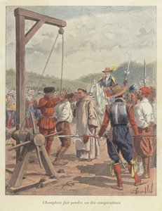 Samuel de Champlain bir komplocuyu asıyor, Kanada, 17. yüzyıl by Louis Charles Bombled