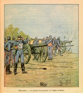 The Eastern Armee of Eugene Sergeant, dit Grenest, illustrated by Louis Bombled (1862-1927) (Franco-German War; campaign of 1870 -1871): In front of Chateauneuf, the Armstrong canons of the First Legion of the Rhone in December 1870, Private Collection by Louis Charles Bombled