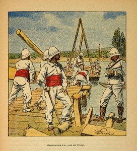 The War in Madagascar-Anecdotal History of the French Expeditions of 1885-1895 by Henri Galli dit Galllichet (1854-1922), illustrated by Louis Bombled (1862-1927): Construction of a bridge by the genie on the Ikopa River in 1895, Private Collection by Louis Charles Bombled