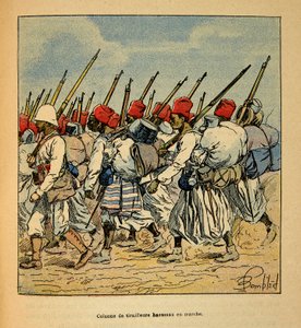 Intambara yo muri Madagasikari-Anecdotal Amateka y’ingendo z’Abafaransa zo mu 1885-1895 na Henri Galli dit Galllichet (1854-1922), zerekanwa na Louis Bombled (1862-1927): Inkingi ya Haoussas Tirailleurs yagendaga mu 1895, Icyegeranyo bwite. by Louis Charles Bombled