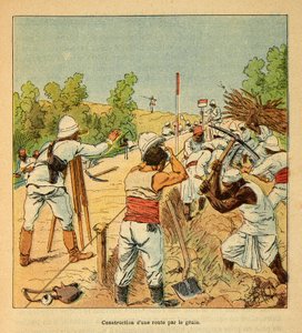 The War in Madagascar-Anecdotal History of the French Expeditions of 1885-1895 by Henri Galli dit Galllichet (1854-1922), illustrated by Louis Bombled (1862-1927): Construction of a road in Madagascar by Genie in 1895, Private Collection by Louis Charles Bombled
