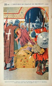 1204 yılında Konstantinopolis'in Haçlılar tarafından alınması sırasında İmparator Justinianus'un (483-565) mumyalanmış cesedinin bulunması, Jules Michelet (1798-1874) tarafından 'Histoire de France'dan örnekleme, c.1900 (renkli taş) by Louis Charles Bombled