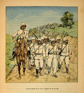 The war in Madagascar-Anecdotal history of the French expeditions of 1885-1895 by Henri Galli dit Galllichet (1854-1922), illustrated by Louis Bombled (1862-1927): Construction of a road in Madagascar, beginning of the corvee, Private collection by Louis Charles Bombled
