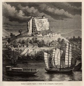 Pagoda sahneleri olan bir kaya ve mavi nehir (Çin) üzerinde çeşitli tekneler, L.Delaporte