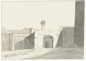 Antieke zuil en gebouwen cenneti van Brindisi Antik Sütunun Uzak Görünümü [Brindisi limanı üzerinden] İtalya, Sicilya ve Malta'da Yolculuk - 1778 (dizi başlığı) by Louis Ducros