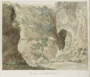 Buitenwand van de grot Dionysius'un kulağı Dionysius'un kulağının dış görünümü (nesne üzerindeki başlık) İtalya, Sicilya ve Malta'da seyahatler - 1778 (dizi başlığı) by Louis Ducros