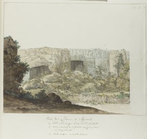 Gedeelte van Latomies caven bij Syracuse Syracuse Latomies'in bir parçası (nesne üzerindeki başlık) İtalya, Sicilya ve Malta'da Seyahatler - 1778 (dizi başlığı) by Louis Ducros
