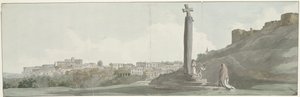 Gezicht op Arriano en anıt, zogenaamde altaar van Janus Arriano Şehri (Equotuticum), Ianus Sunağı adlı eski bir anıt ve yıkılan kale (nesne üzerindeki başlık) İtalya, Sicilya ve Malta Gezisi - 1778 (dizi başlığı ) by Louis Ducros