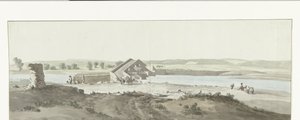 Gezicht op Canosa, Puglia'da Ofanto nehri üzerinde brug Ofanto (Aufidus) üzerindeki Canosa Köprüsü'nün görünümü (nesne üzerindeki başlık) İtalya, Sicilya ve Malta'da seyahat - 1778 (dizi başlığı) by Louis Ducros