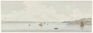 Gezicht op een deel van het Mare Piccolo Eski köprünün bulunduğu yer olan Mare Piccolo'nun bir kısmının görünümü, Galesus'un ağzı (nesne üzerindeki başlık) İtalya, Sicilya ve Malta'da seyahatler - 1778 ( dizi başlığı) by Louis Ducros