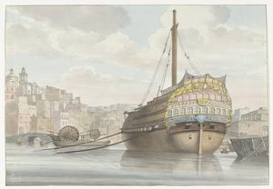 Gezicht op cenneti galei schip vlakbij de werf ile tanıştı Malthe'deki Port des Galères'in alt kısmının görünümü, tersaneden alındı (nesne üzerindeki başlık) İtalya, Sicilya ve Malta'ya Yolculuk - 1778 (dizi başlığı) by Louis Ducros