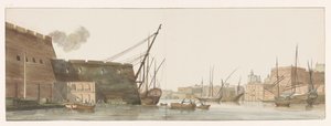 Haven van galei schepen te Malta'da Gezicht op werf Malta'daki Galleys limanındaki tersanenin görünümü (nesne üzerinde başlık) İtalya, Sicilya ve Malta'da seyahatler - 1778 (dizi başlığı) by Louis Ducros