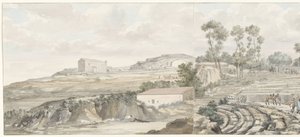 Interieur, Syracuse'da trappen van tiyatrosu ile buluştu Syracuse Tiyatrosu'nun iç ve tribünlerinin görünümü (nesne üzerine başlık) İtalya, Sicilya ve Malta'da Seyahatler - 1778 (dizi başlığı) by Louis Ducros