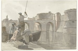 Nieuwe vestingsgracht van de vestingwerken Taranto'da Taranto Kalesi'nin Yeni Hendeğinin Görünümü (nesne üzerindeki başlık) İtalya, Sicilya ve Malta'da Seyahatler - 1778 (dizi başlığı) by Louis Ducros