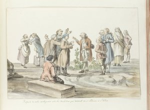 Tur rehberi ve birlikte Etna'ya gittikleri katır sürücüleri arasındaki müzakere Antiquaire avec les muletiers qui devaient nous conduire à L'Etna (nesne üzerindeki başlık) Voyage en Italie, en Sicile et à Malte - 1778 (seri baştan sona) by Louis Ducros