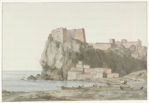 Stad Scilla in de regio Calabrië aan de westkust Rock & City of Scilla in Calabria'da Burps; gün batımı tarafından alınan görünüm (nesne üzerindeki başlık) İtalya, Sicilya ve Malta'da seyahatler - 1778 (dizi başlığı)