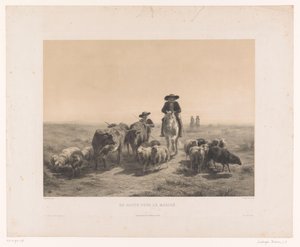 Çiftçi ve çoban pazara giderken inekler ve koyunlarla Yolda le Marché dökün (nesnedeki başlık) by Louis Emmanuel Soulange Teissier