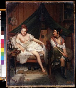 ""Bir aşk gecesinden sonra uyanan sabahlık giymiş iki genç kadının portresi (?)"" (iki kız) Louis Eugene Bertier (1809-?) tarafından boyama 19. yüzyıl Mikhail Kroshitsky Sanat Müzesi, Sivastopol (Sivastopol) Ukrayna by Louis Eugene ) Bertier