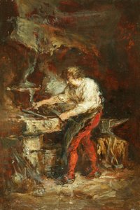 The Smithy (panel üzerine yağ) by Louis Eugene Gabriel Isabey