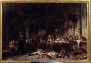 Simyacının atölyesi Şişeler, şişeler, imbiklerle dolu. Louis Gabriel Eugene Isabey (1803-1886) 1848 Güneş tarafından tablo. 0,66x0,99 m Lille sanat müzeleri.