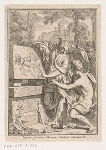 Kafası kanatlı bir kadın genç adama kabartma gösteriyor. by Louis Fabritius Dubourg