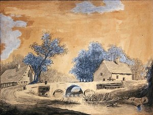 Amsterdam yakınlarındaki küçük bir köprünün görünümü, 18. yüzyılın sonları (kalem, mürekkep ve kağıt üzerinde yıkama) by Louis Francois Cassas