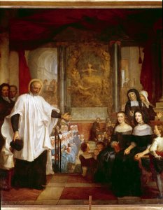 Saint Vincent de Paul, hayır kurumlarının hanımlarının önünde bulunan çocukların kurumunu ziyaret eder. Louis Galloche