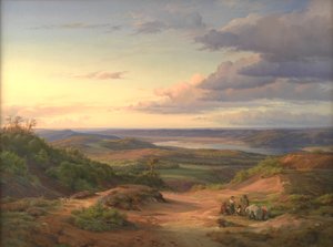 Himmelbjerget, Jutland yakınlarında bir manzara. Ön Planda Bir Çingene Ailesi by Louis Gurlitt