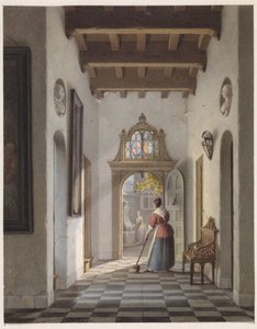 Bir evin koridorunu süpüren kız by Louis Henri de Fontenay