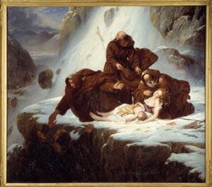 Aziz Gotthard (San Gottardo) bakımevindeki dindar, haydutlardan etkilenen ailelere yardım sağlıyor Louis Hersent (1777-1860) 1824