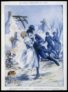 Şehre giren askerler, biri bir kadını öpüyor, “büyüleyici ganimet””, Louis Icart'tan İllüstrasyon (1888-1950) “”Fantasio”da” 15/12/1915 by Louis Icart
